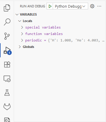 List of varibles in a tree format. Some now have numbers afer them