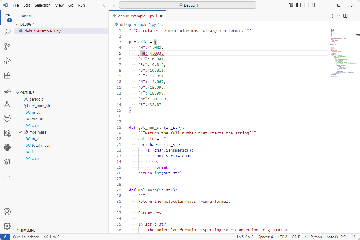 An image of VScode screen, it has 2 columns visible, one small with some icons. The other is large and now has Python code visible from the loaded file. The code on line 5 is underlined in red