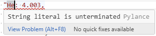 An image of the VScode pop up saying "String Literal is unterminated"