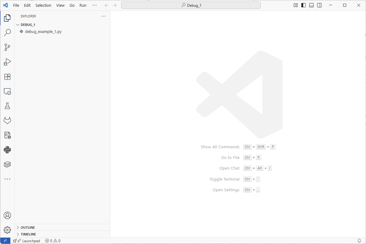 An image of VScode screen, largely blank it has 2 columns visible, one small with some icons. The other is large and empty