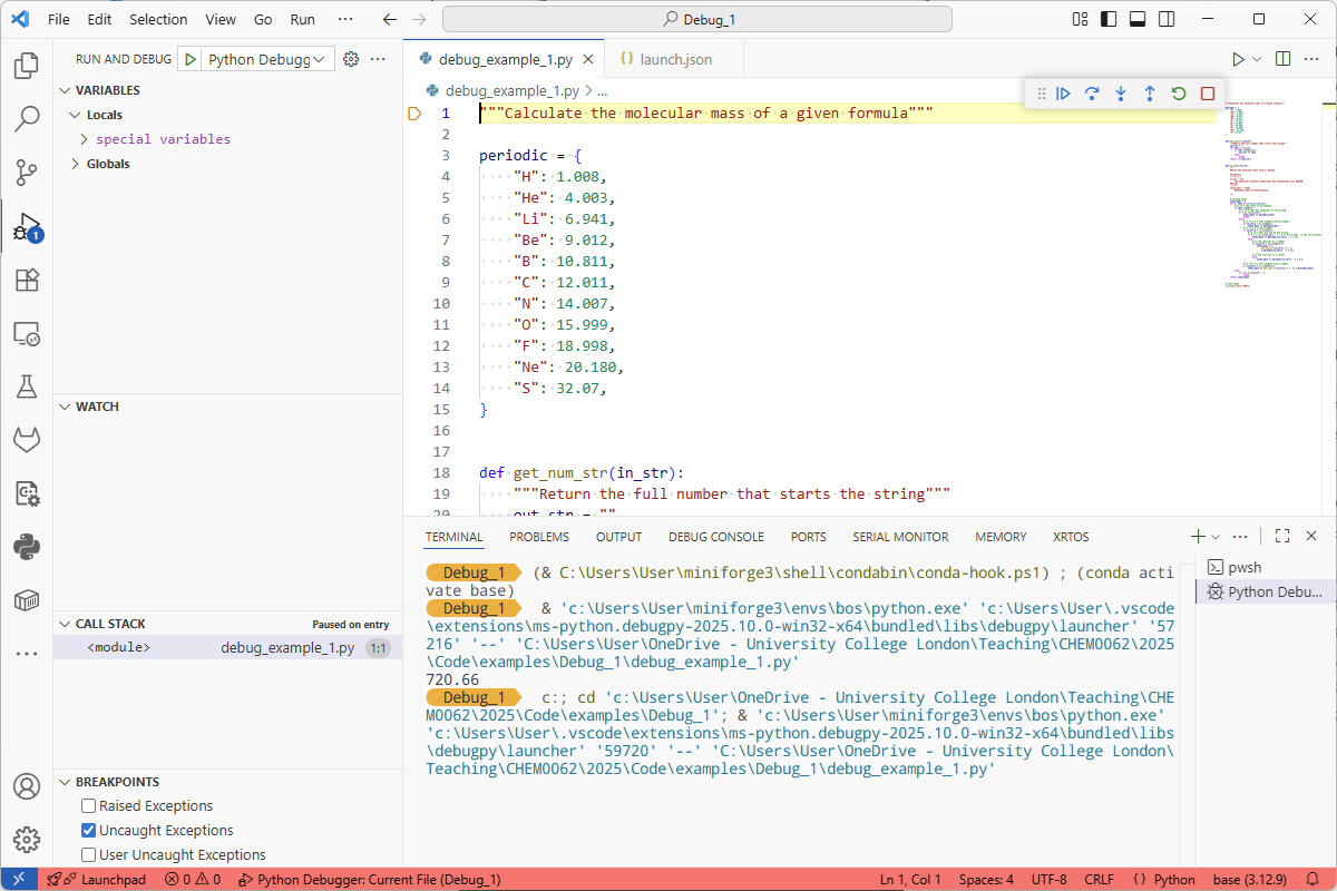 An image of VScode screen, it has 2 columns visible, one small with some icons. The other is large and now has Python code visible from the loaded file. The top line is highlighted in yellow