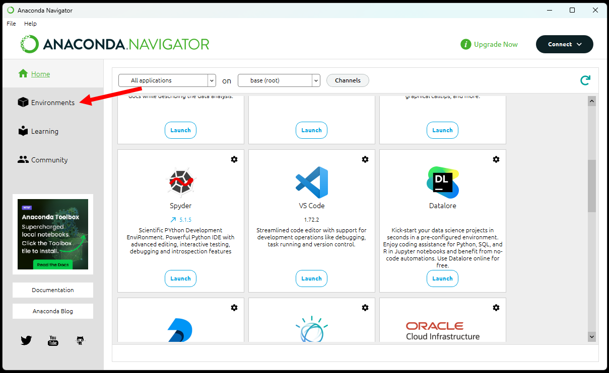 Window showing six logos for different programs. A red arrow points to the "Environment" button.